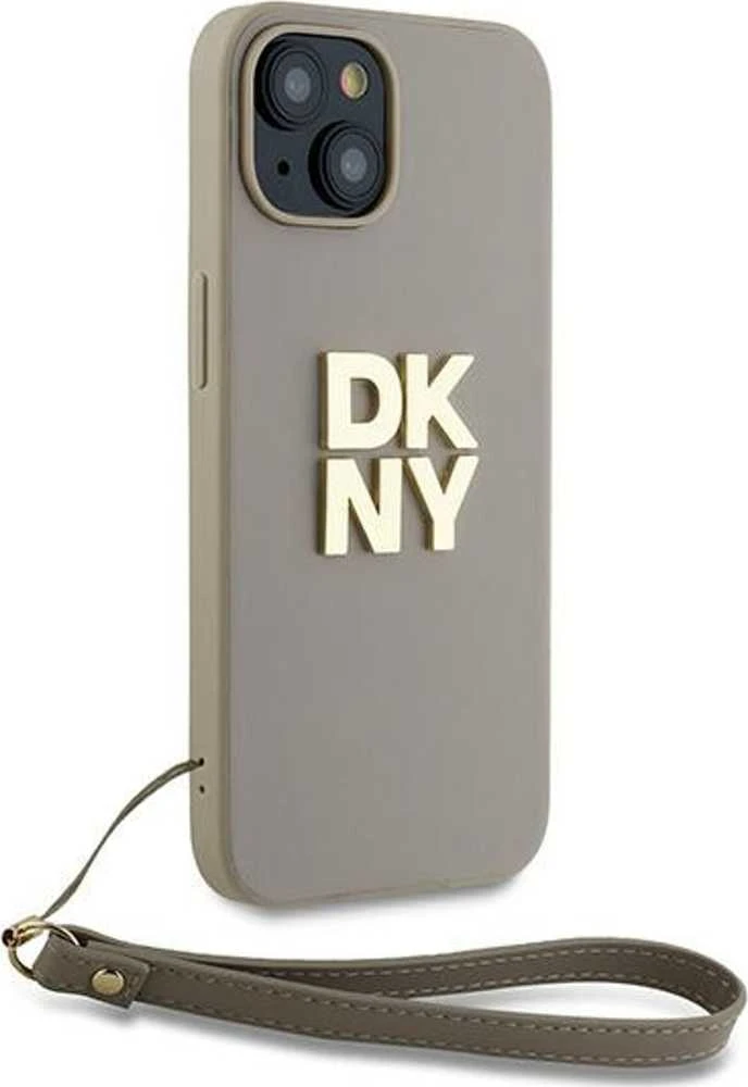 DKNY DKHCP15SPBSWSE Apple iPhone 15 / 14 / 13 6.1" smėlio spalvos kietas dėklas su riešo dirželiu ir gamykliniu logotipu