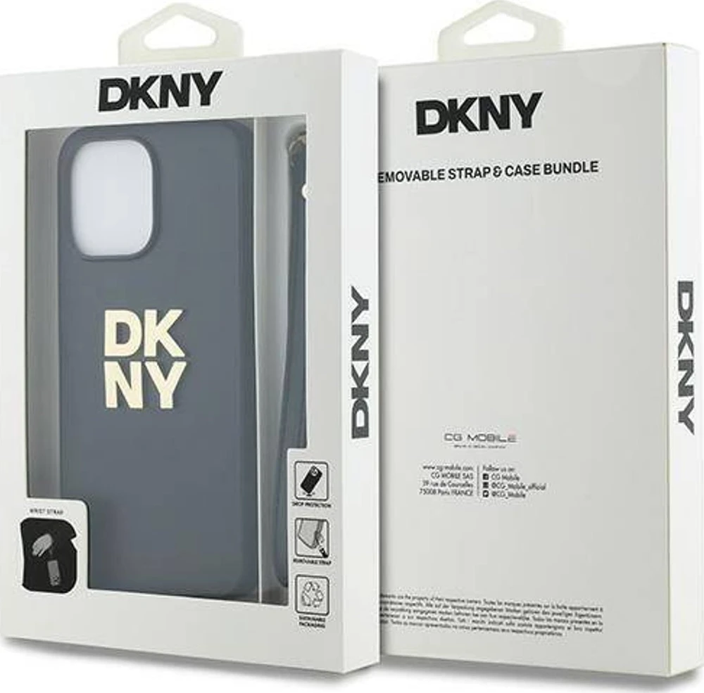 iPhone 15 Pro DKNY kietasis dėklas su riešo dirželiu Stock Logo (DKHCP15LPBSWSK) telefono dėklas, juodos spalvos
