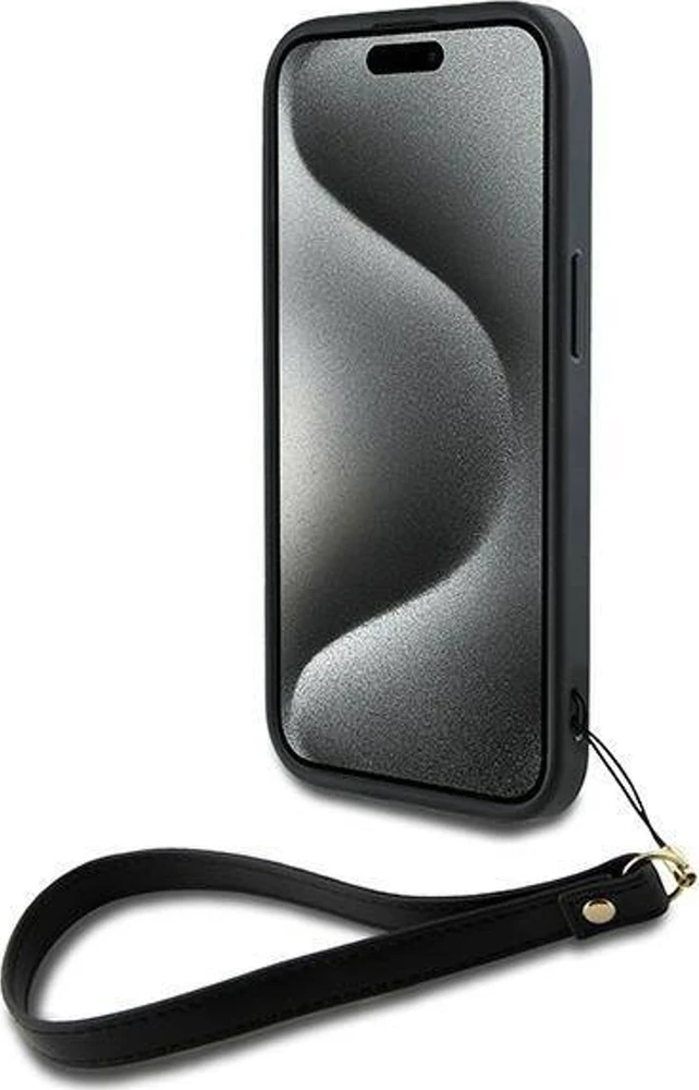 iPhone 13 / 14 / 15 DKNY kietasis dėklas su riešo dirželiu Stock Logo (DKHCP14SPBSWSK), juodos spalvos telefono dėklas