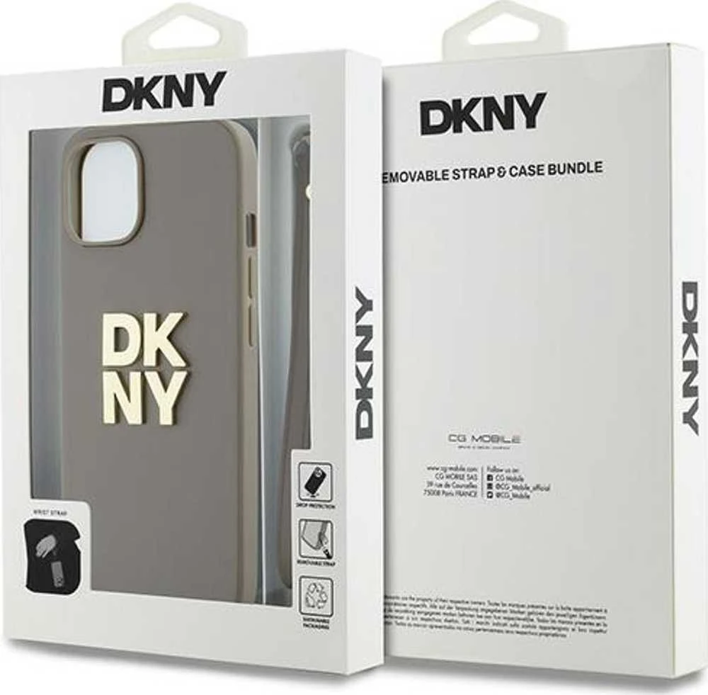DKNY DKHCP15MPBSWSE Apple iPhone 15 Plus 6.7" smėlio spalvos kietas dėklas su riešo dirželiu ir standartiniu logotipu.