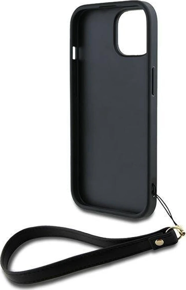 iPhone 13 / 14 / 15 DKNY kietasis dėklas su riešo dirželiu Stock Logo (DKHCP14SPBSWSK), juodos spalvos telefono dėklas