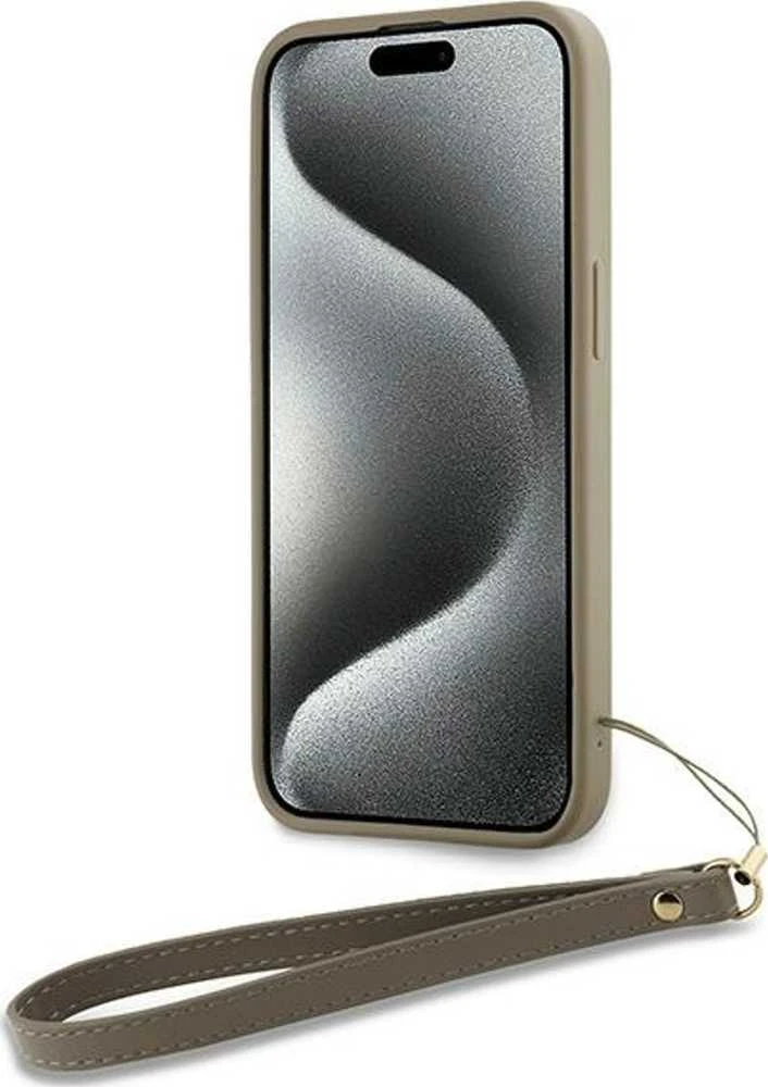 DKNY DKHCP15MPBSWSE Apple iPhone 15 Plus 6.7" smėlio spalvos kietas dėklas su riešo dirželiu ir standartiniu logotipu.