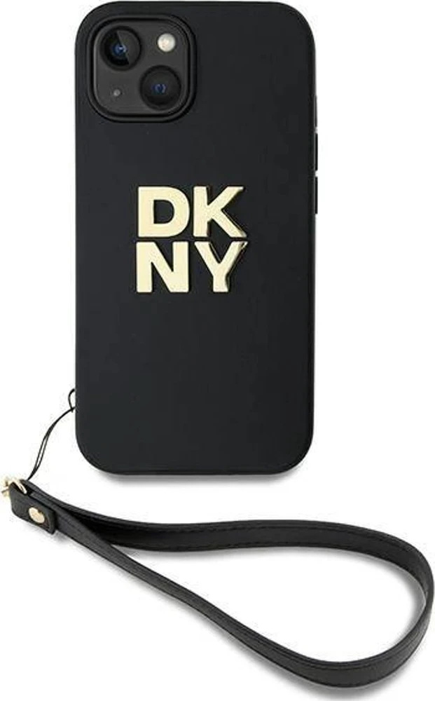 DKNY DKHCP15SPBSWSK iPhone 15 / 14 / 13 6.1 colio juodas kietas dėklas su riešo dirželiu ir „Stock“ logotipu