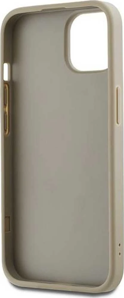 DKNY DKHCP15MPBSWSE Apple iPhone 15 Plus 6.7" smėlio spalvos kietas dėklas su riešo dirželiu ir standartiniu logotipu.