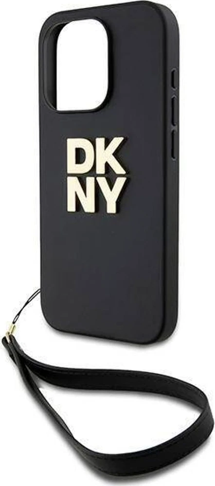 iPhone 15 Pro DKNY kietasis dėklas su riešo dirželiu Stock Logo (DKHCP15LPBSWSK) telefono dėklas, juodos spalvos