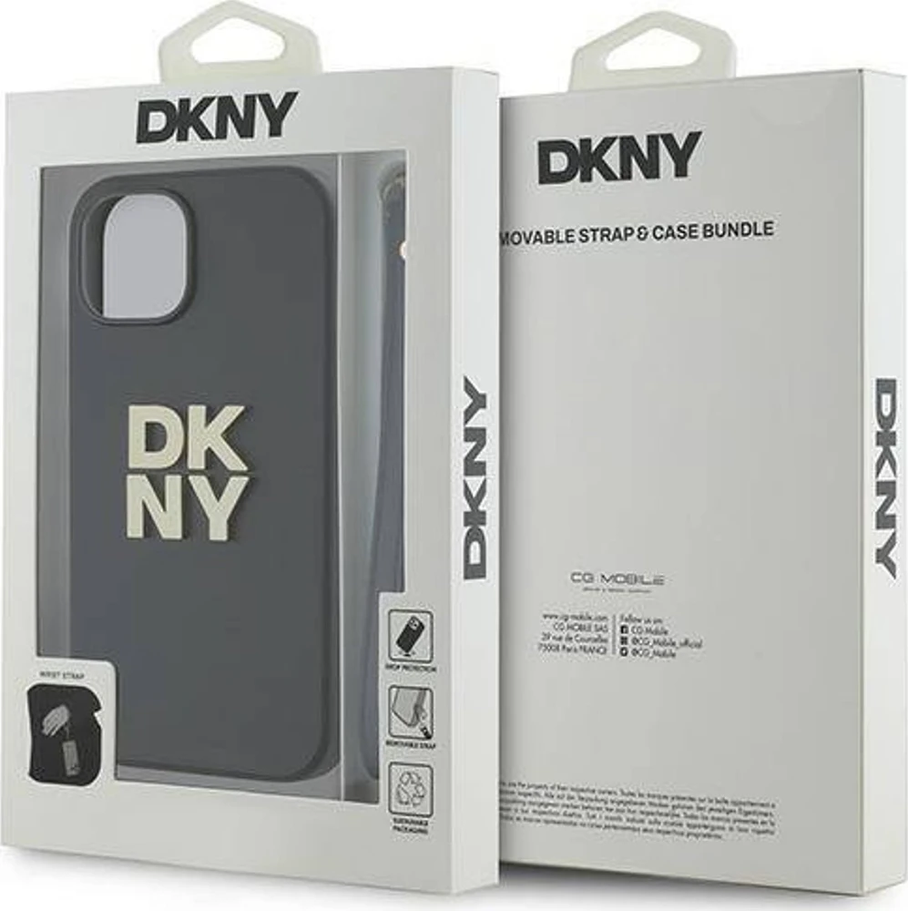 iPhone 13 / 14 / 15 DKNY kietasis dėklas su riešo dirželiu Stock Logo (DKHCP14SPBSWSK), juodos spalvos telefono dėklas