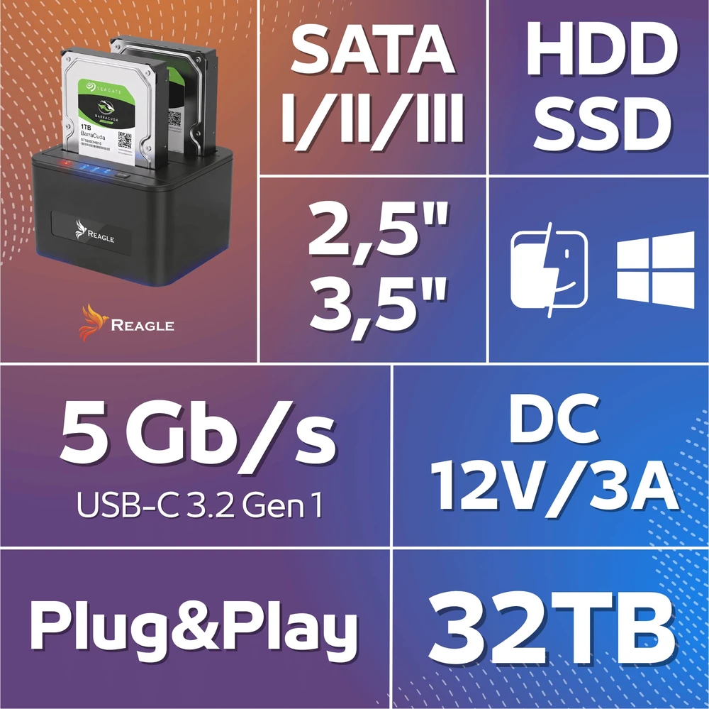 Dokavimo stotis Fideco 2x 2.5''/3.5'' SATA – USB 3.2 Gen 1 (YBZ04-S2-U3)