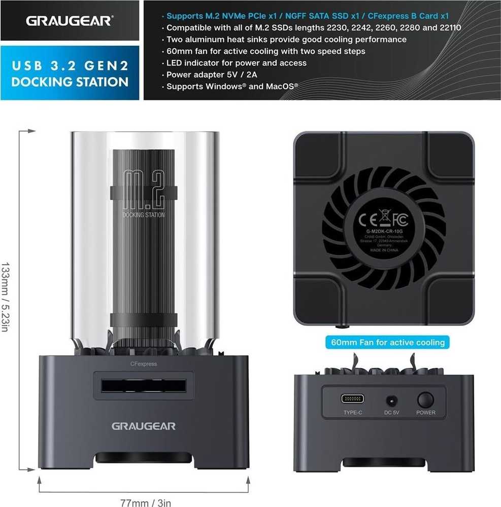 GAU GRAUGEAR G-M2DK-CR-10G saugojimo diskų prijungimo stotis USB 3.2 Gen 2 (3.1 Gen 1) Type-C Pilka