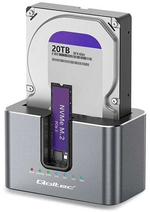Qoltec 52631 HDD SSD prijungimo stotelė | SATA | M.2 NVMe | klonavimas | USB-C | 10 Gb/s | 28 TB