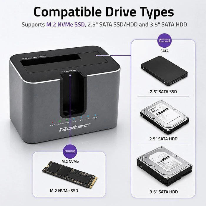 Qoltec 52631 HDD SSD prijungimo stotelė | SATA | M.2 NVMe | klonavimas | USB-C | 10 Gb/s | 28 TB