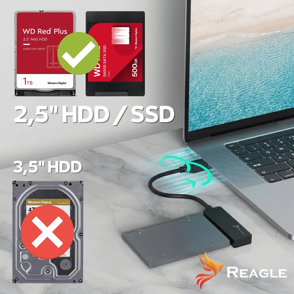 Dokavimo stotis Qoltec Adapteris SATA USB SSD HDD 2,5'' 2 viename USB-C 3.1 5Gb/s REAGLE DISKO PERĖJIMAS KABELIS DISKUI