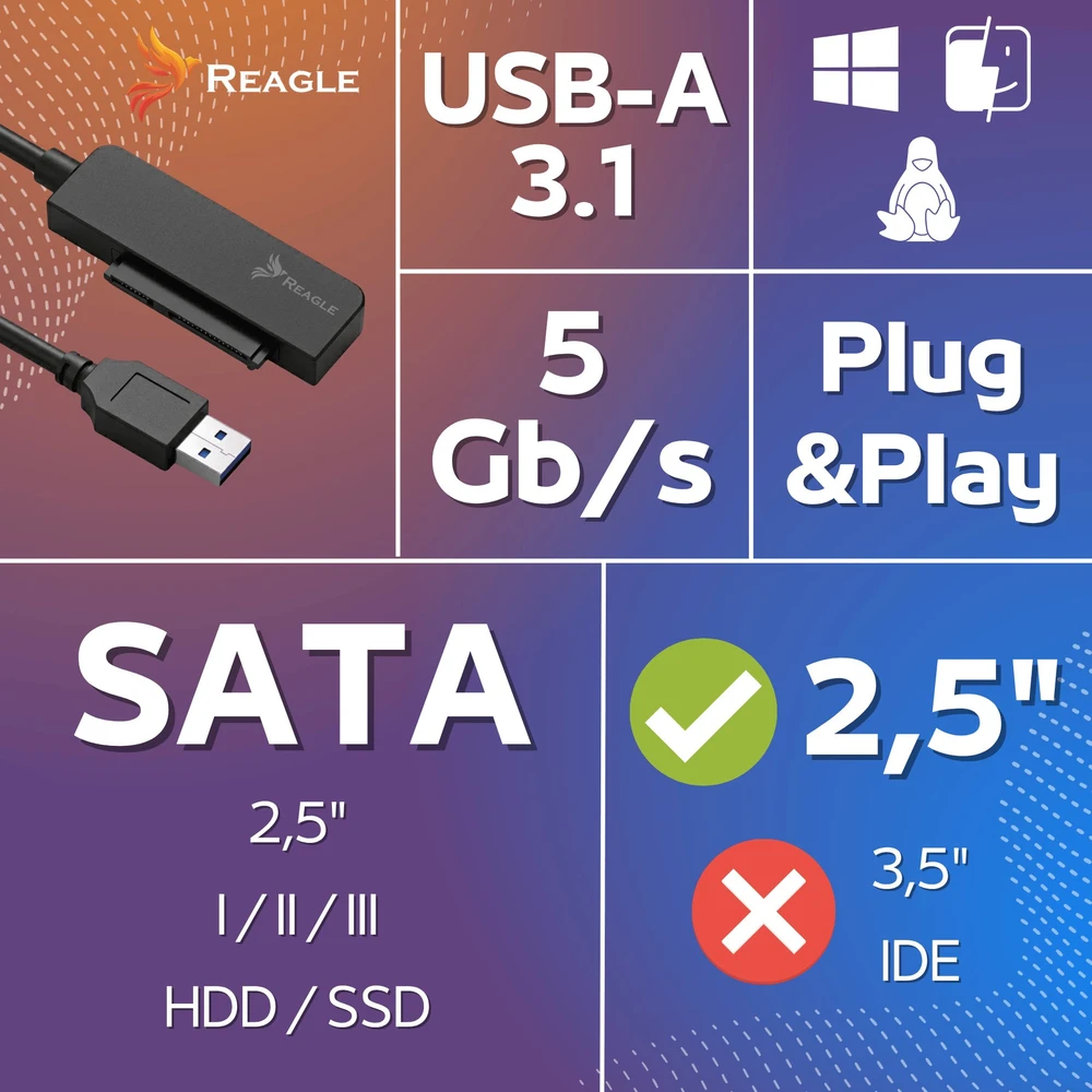 Dokavimo stotis Qoltec Adapteris SATA USB SSD HDD 2,5'' 2 viename USB-C 3.1 5Gb/s REAGLE DISKO PERĖJIMAS KABELIS DISKUI