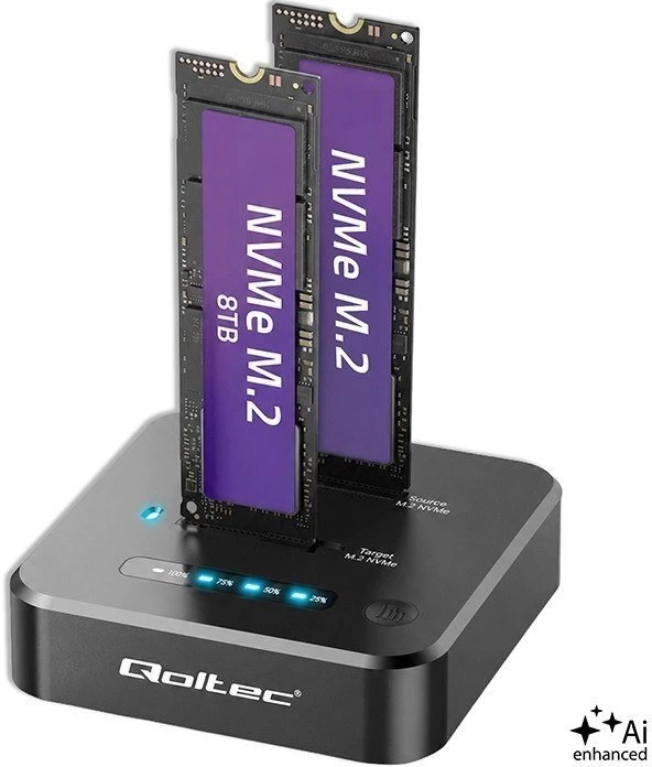 Qoltec Doko stotelė SSD M.2 NVMe diskams | PCIe | DUAL 2 x 8TB | USB-C 3.2 | 10Gb/s | klonavimas neprisijungus