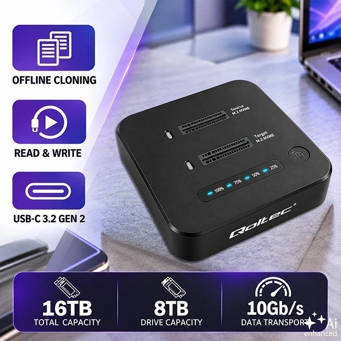 Qoltec Doko stotelė SSD M.2 NVMe diskams | PCIe | DUAL 2 x 8TB | USB-C 3.2 | 10Gb/s | klonavimas neprisijungus