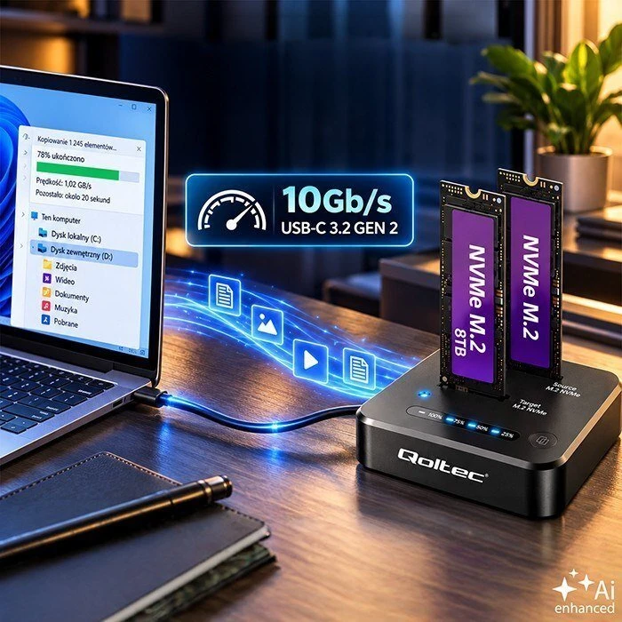 Qoltec Doko stotelė SSD M.2 NVMe diskams | PCIe | DUAL 2 x 8TB | USB-C 3.2 | 10Gb/s | klonavimas neprisijungus