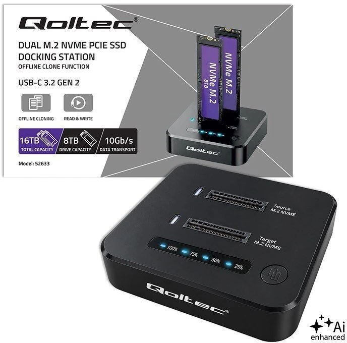 Qoltec Doko stotelė SSD M.2 NVMe diskams | PCIe | DUAL 2 x 8TB | USB-C 3.2 | 10Gb/s | klonavimas neprisijungus