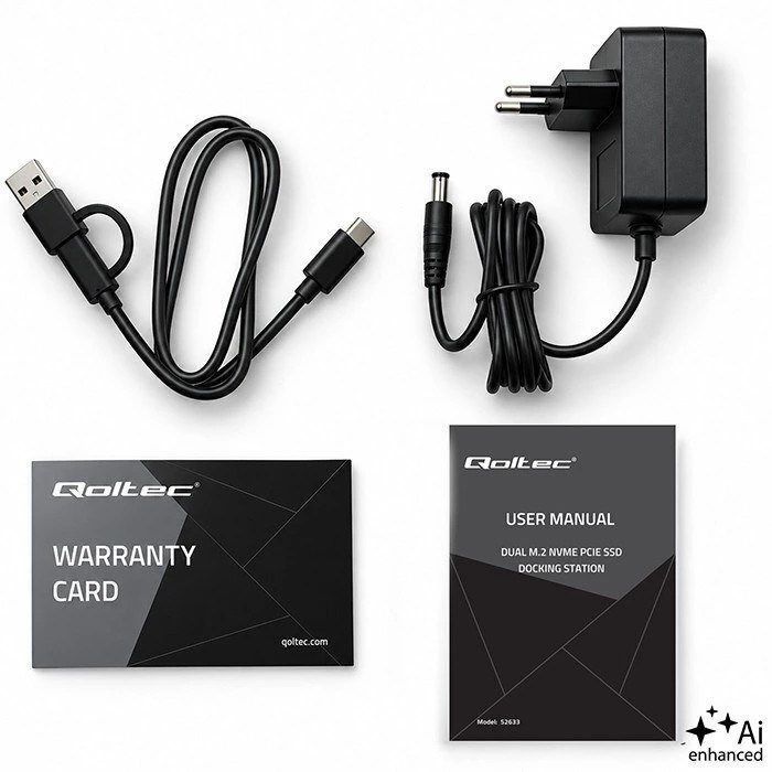 Qoltec Doko stotelė SSD M.2 NVMe diskams | PCIe | DUAL 2 x 8TB | USB-C 3.2 | 10Gb/s | klonavimas neprisijungus