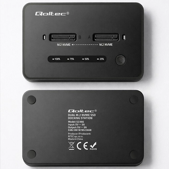 „Qoltec 52366 M.2 NVMe SSD“ prijungimo stotelė | PCIe | USB-C | 20 Gb/s | DUAL 2 x 8 TB | Klonavimas neprisijungus