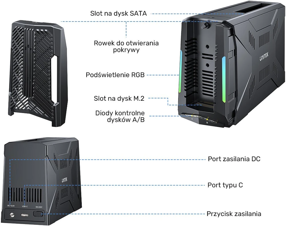 Unitek Doko stotelė, 1x dysk M.2 NVMe, 1x dysk SATA, USB-C 10 Gbps