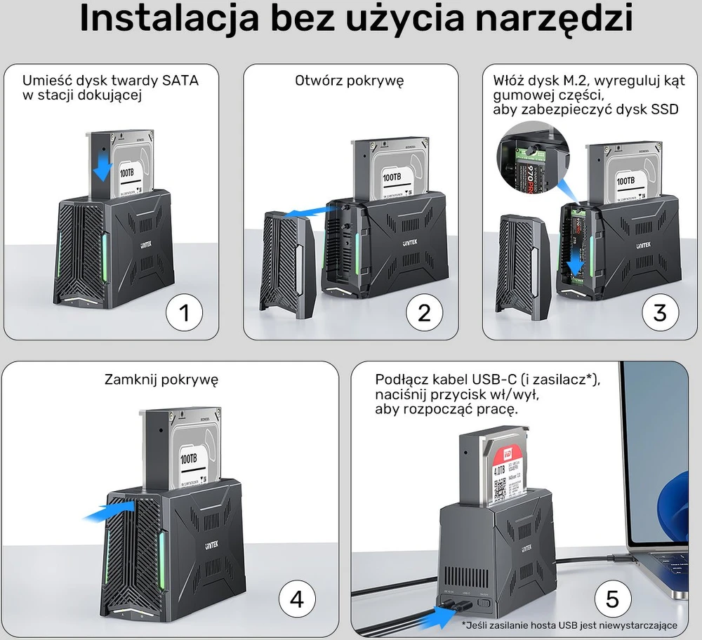 Unitek Doko stotelė, 1x dysk M.2 NVMe, 1x dysk SATA, USB-C 10 Gbps