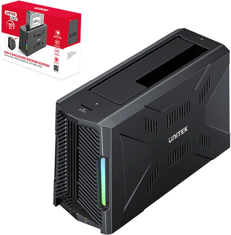 Unitek Doko stotelė, 1x dysk M.2 NVMe, 1x dysk SATA, USB-C 10 Gbps