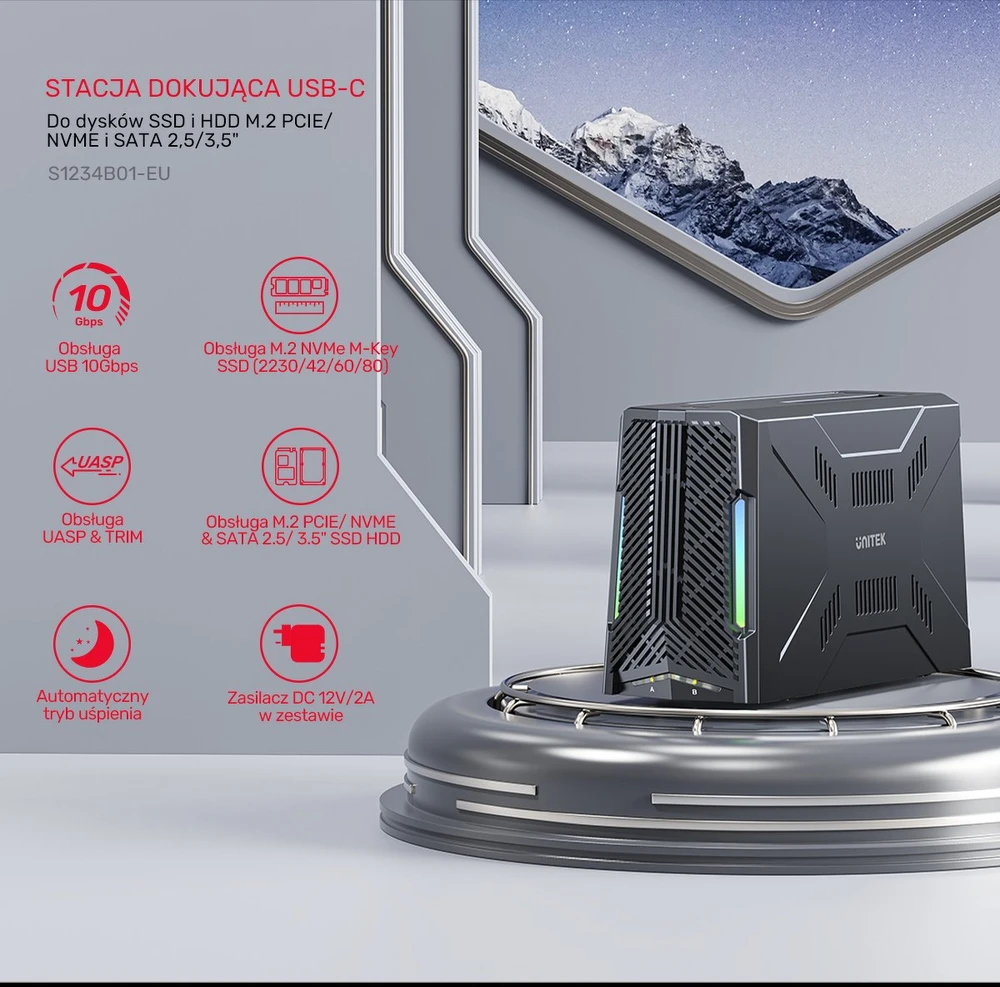 Unitek Doko stotelė, 1x dysk M.2 NVMe, 1x dysk SATA, USB-C 10 Gbps