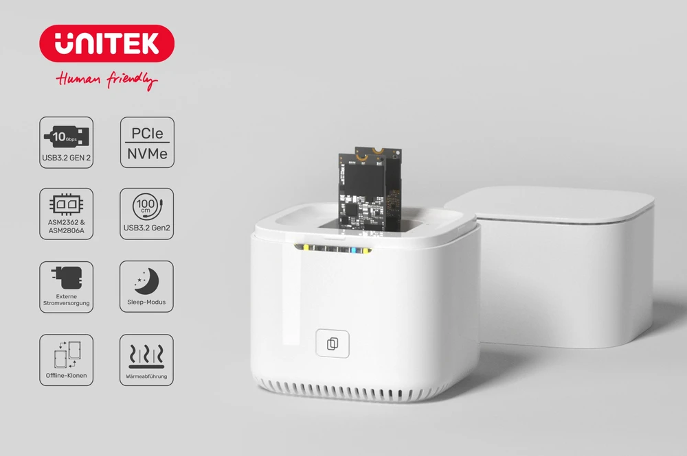 UNITEK SyncStation M.2 USB-C prie PCIe / NVMe M.2 SSD dviejų skyrių prijungimo stotis su neprisijungus veikiančiu klonu S1207A
