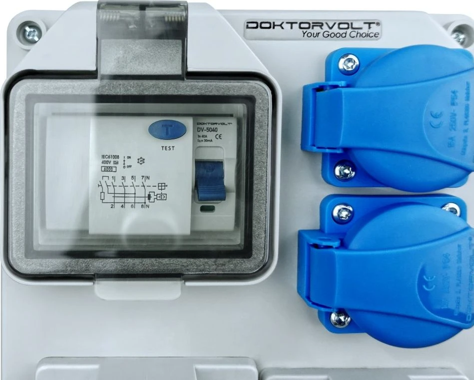 DV-7242-D Statybiniai skirstomieji įrenginiai HL-FI 1x16A 1x32A 2x230V Schuko kištukiniai lizdai Doktorvolt 7242