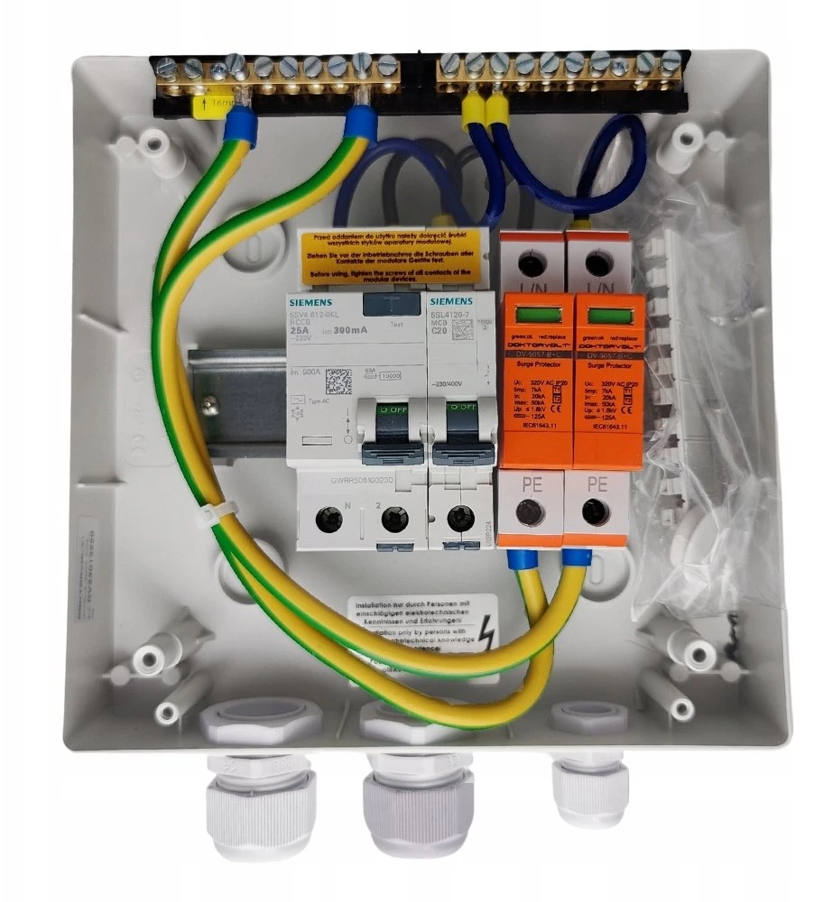 Doktorvolt Doktorvolt PV fotovoltinė saulės skirstomoji spinta AC SIEMENS 1F C20A 25A 300mA T1 T2 0720 DV-0720-FOT