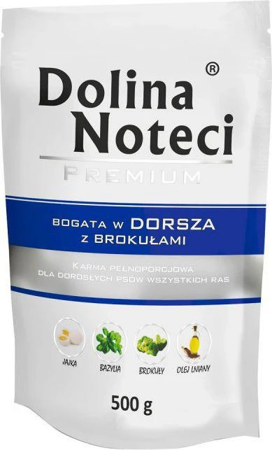 Visavertis konservuotas pašaras visų veislių suaugusiems šunims Dolina Noteci PREMIUM su menke ir brokoliais 500g