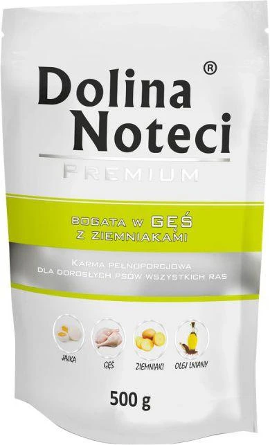 Visavertis konservuotas pašaras visų veislių suaugusiems šunims Dolina Noteci PREMIUM su žąsiena ir bulvėmis 500g