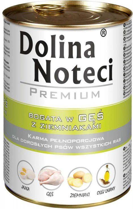 Visavertis konservuotas pašaras visų veislių suaugusiems šunims Dolina Noteci PREMIUM su žąsiena ir bulvėmis 800g