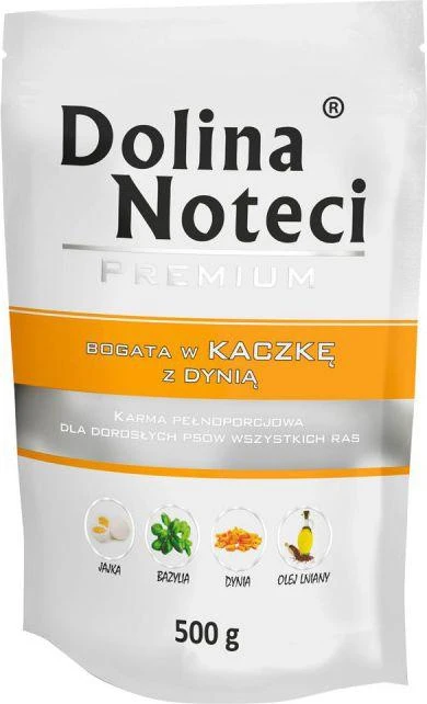 Visavertis konservuotas pašaras visų veislių suaugusiems šunims Dolina Noteci PREMIUM su antiena ir moliūgu 500g