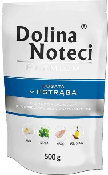 Visavertis konservuotas pašaras visų veislių suaugusiems šunims Dolina Noteci PREMIUM su upėtakiu 500g