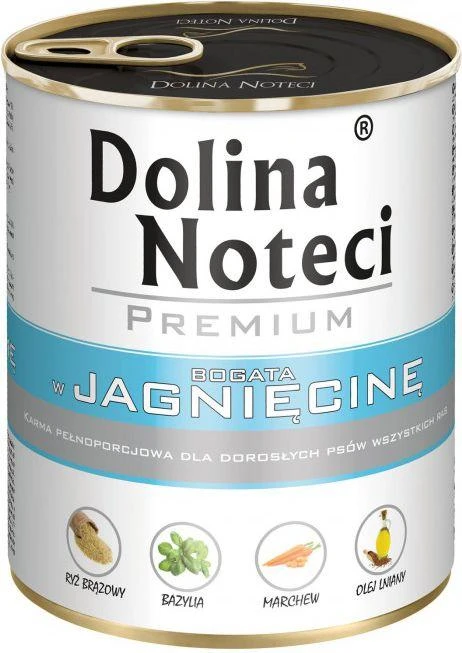 Visavertis konservuotas pašaras visų veislių suaugusiems šunims Dolina Noteci PREMIUM su ėriena 800g