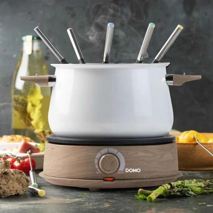 DOMO DO736F Fondue 1500 W valdymo lemputė, 8 medinės fondiu šakutės, balta