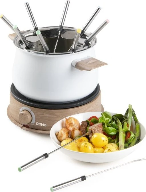 DOMO DO736F Fondue 1500 W valdymo lemputė, 8 medinės fondiu šakutės, balta