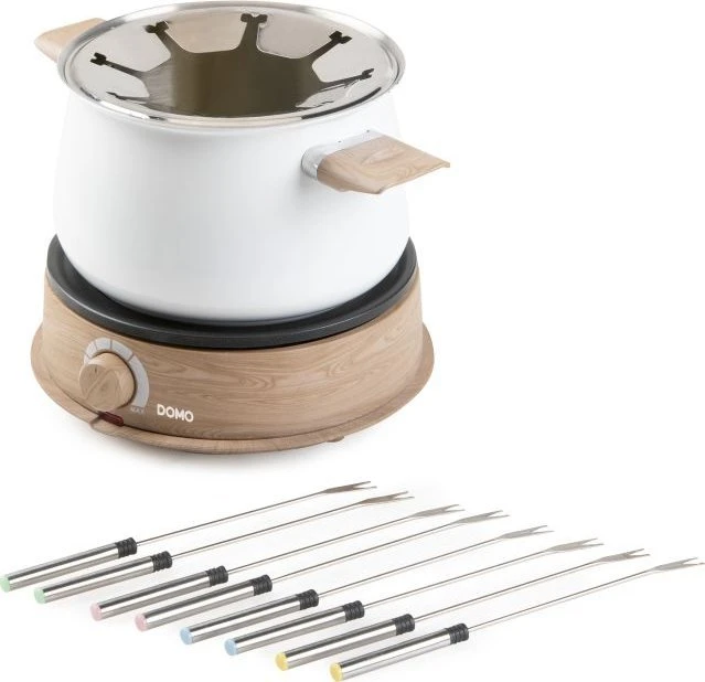 DOMO DO736F Fondue 1500 W valdymo lemputė, 8 medinės fondiu šakutės, balta