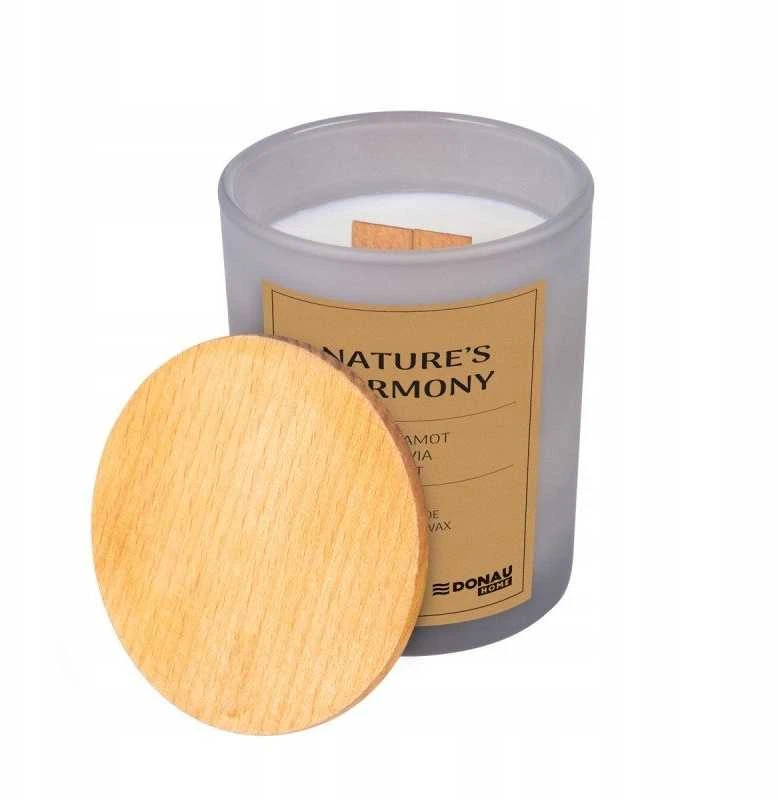 Donau Home DONAU HOME sojų žvakė, pilko stiklo, medinio dangtelio ir dagties, „Nature's Harmony“, 200 g