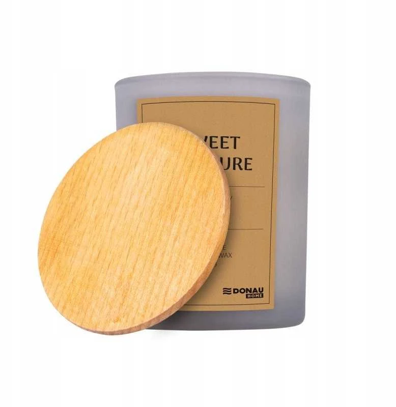 Donau Home DONAU HOME sojų žvakė, pilko stiklo, medinio dangtelio ir dagties, „Saldus malonumas“, 200 g