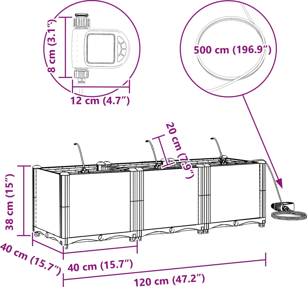 Sodo vazonas 3 vnt. Balta 120 x 40 x 37,5 cm PP