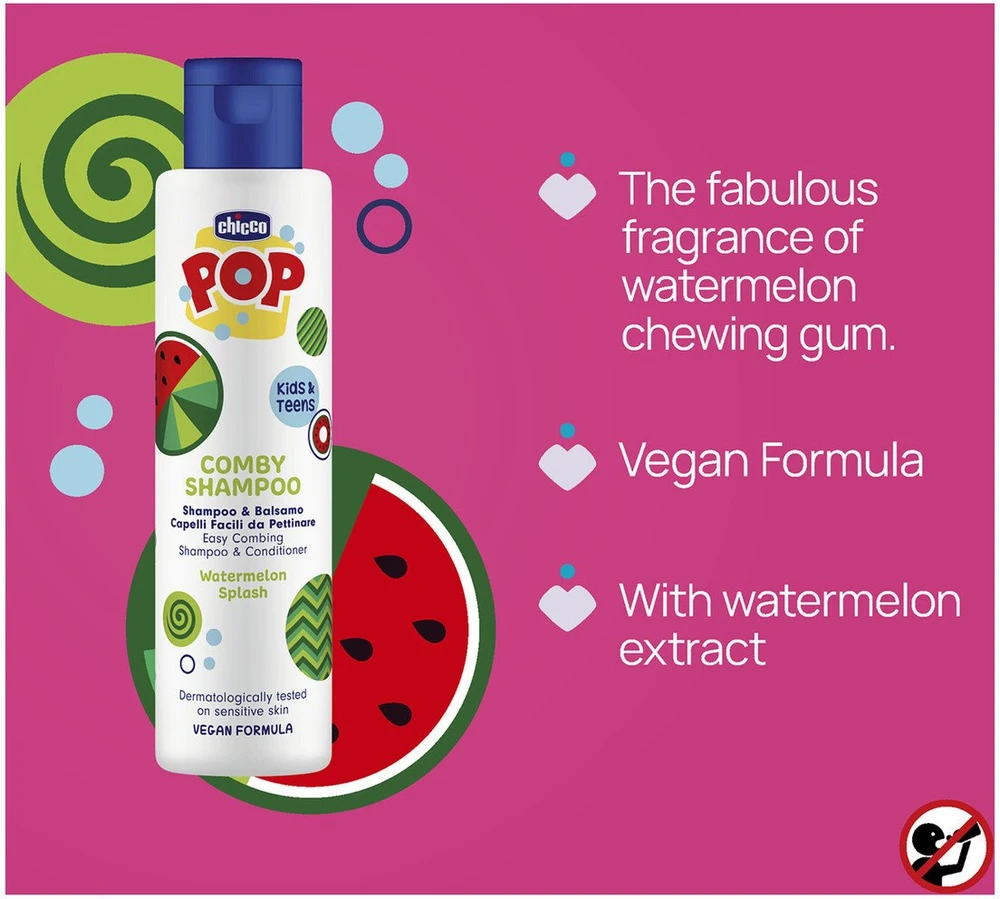 Double K Chicco Pop 2 viename šampūnas ir kondicionierius su arbūzų šerbeto kvapu, 250 ml