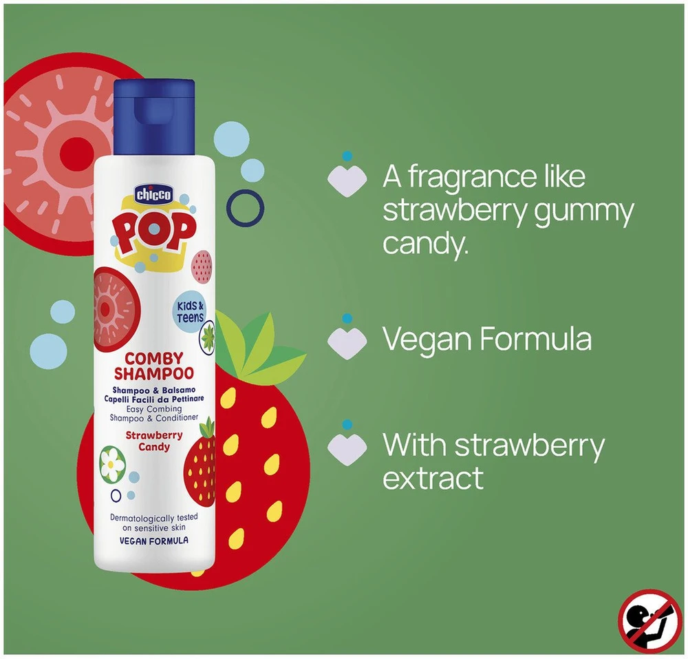Double K Chicco Pop 2-in-1 šampūnas ir kondicionierius su braškių šerbeto kvapu, 250 ml