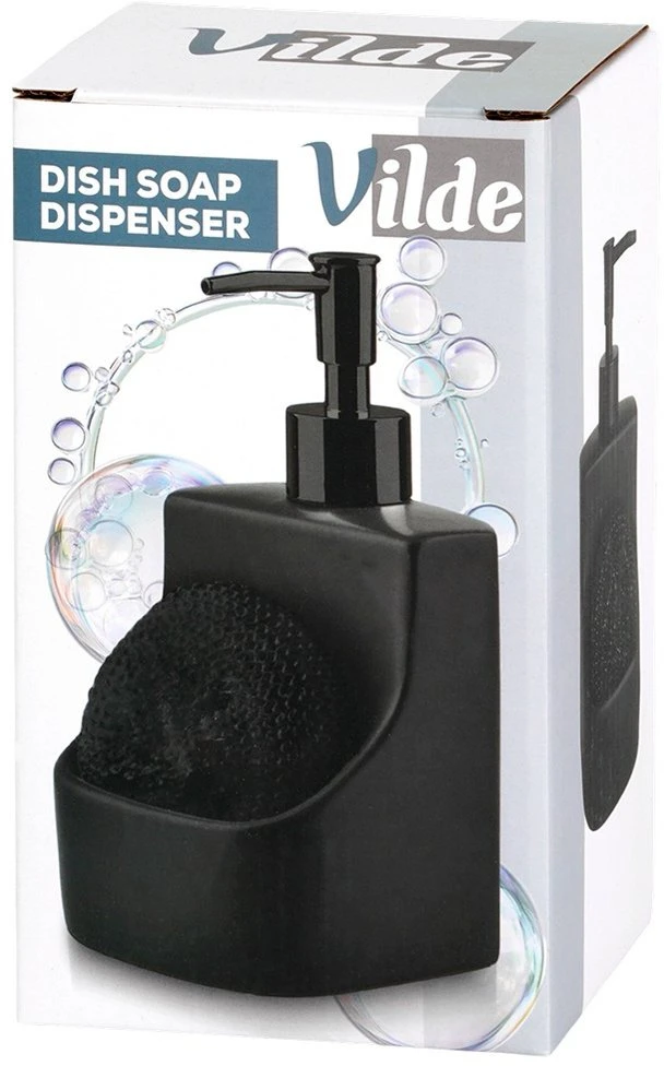 Vilde Indų ploviklio dozatorius su kempinės indeliu ir kempine, keraminis, juodas, 400 ml