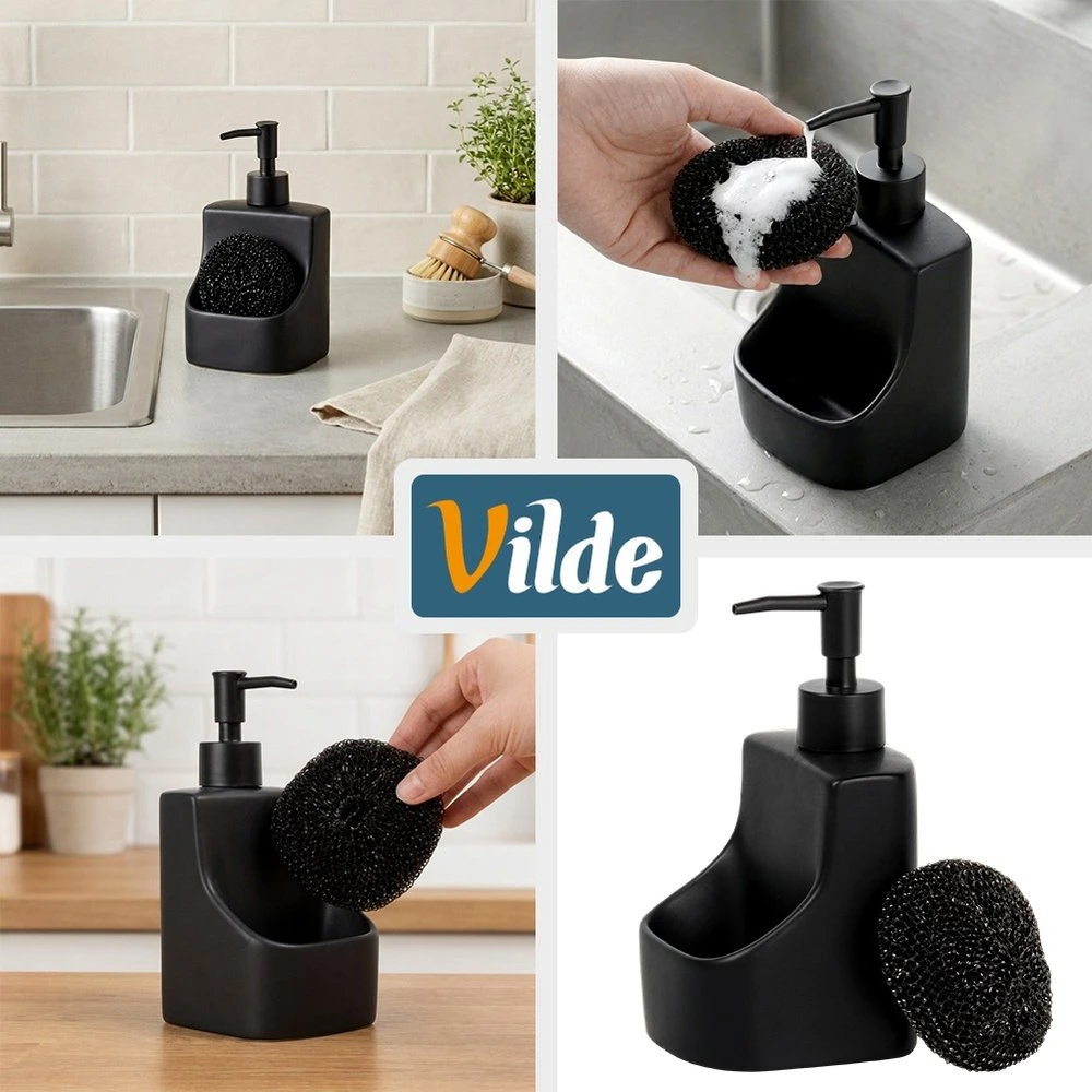 Vilde Indų ploviklio dozatorius su kempinės indeliu ir kempine, keraminis, juodas, 400 ml