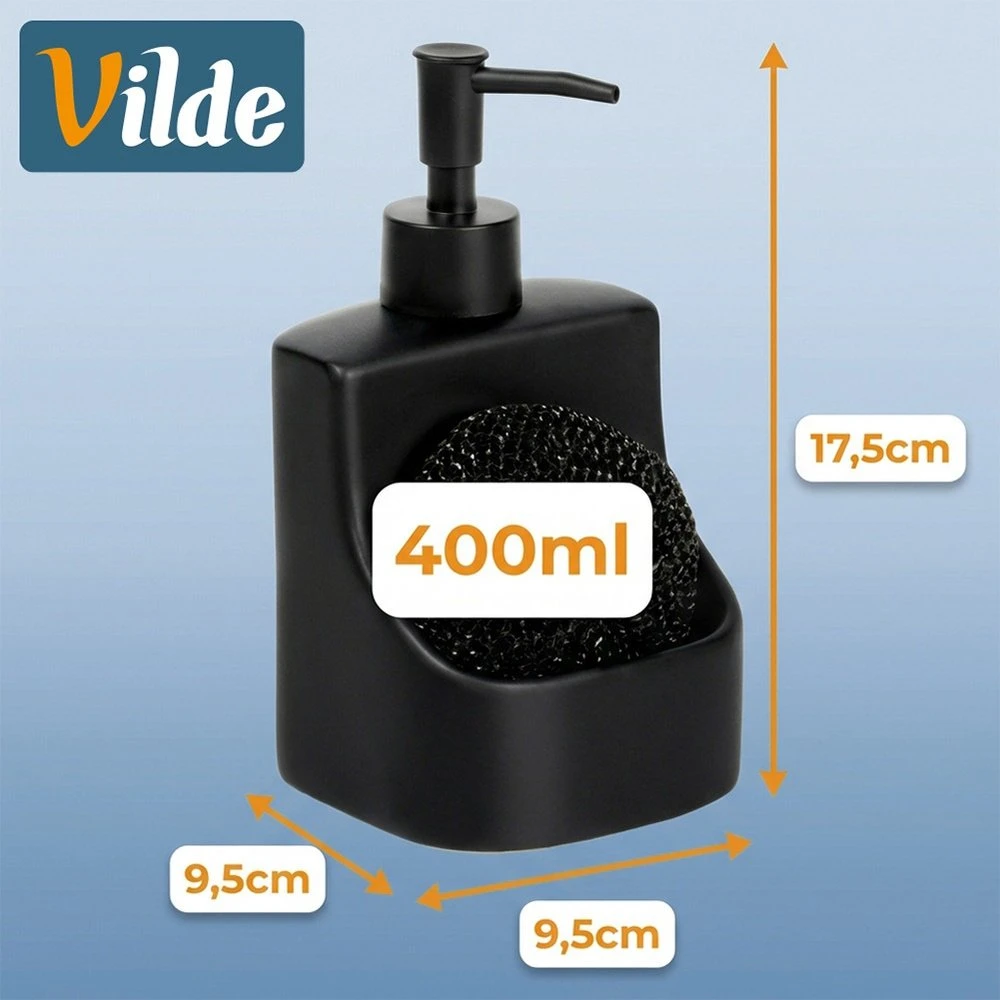 Vilde Indų ploviklio dozatorius su kempinės indeliu ir kempine, keraminis, juodas, 400 ml
