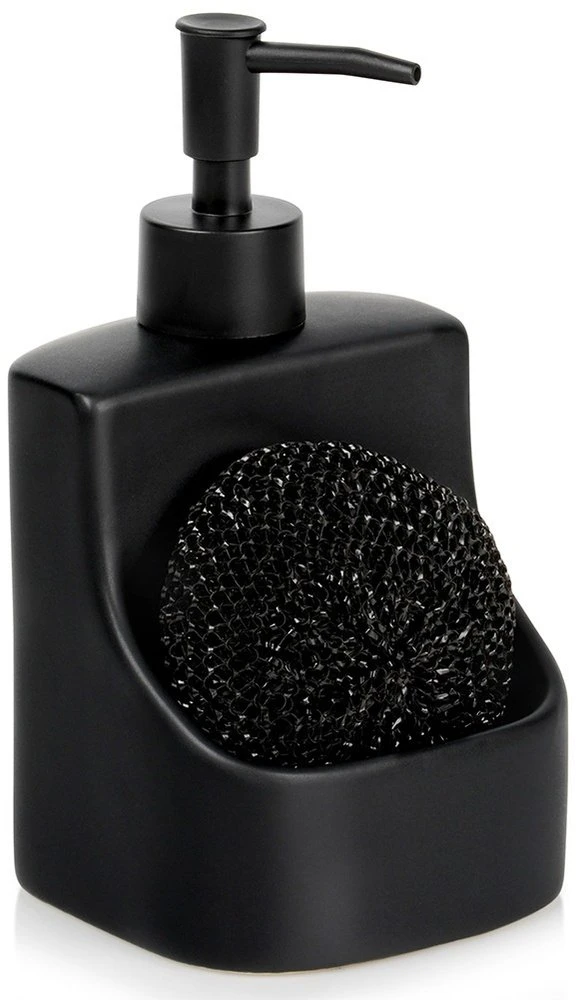 Vilde Indų ploviklio dozatorius su kempinės indeliu ir kempine, keraminis, juodas, 400 ml