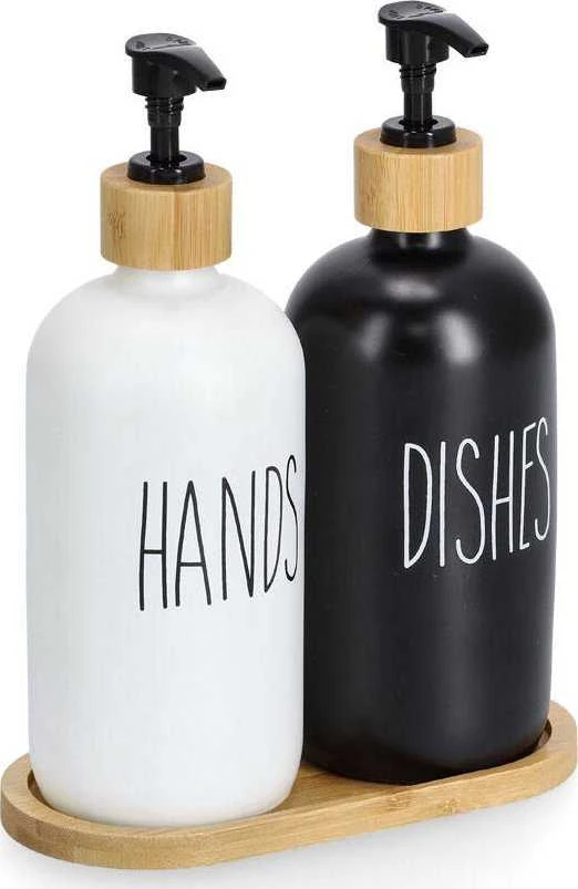 Zeller Skysčių ir muilo dozatorių rinkinys su bambukiniu stovu, 2 x 500 ml