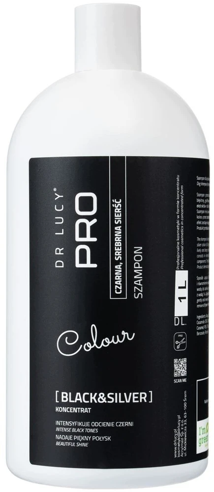Dr. Lucy Pro Juodas & Sidabrinis Šampūnas – Spalvą ryškinanti formulė tamsiam ir sidabriniam kailiui, 1L