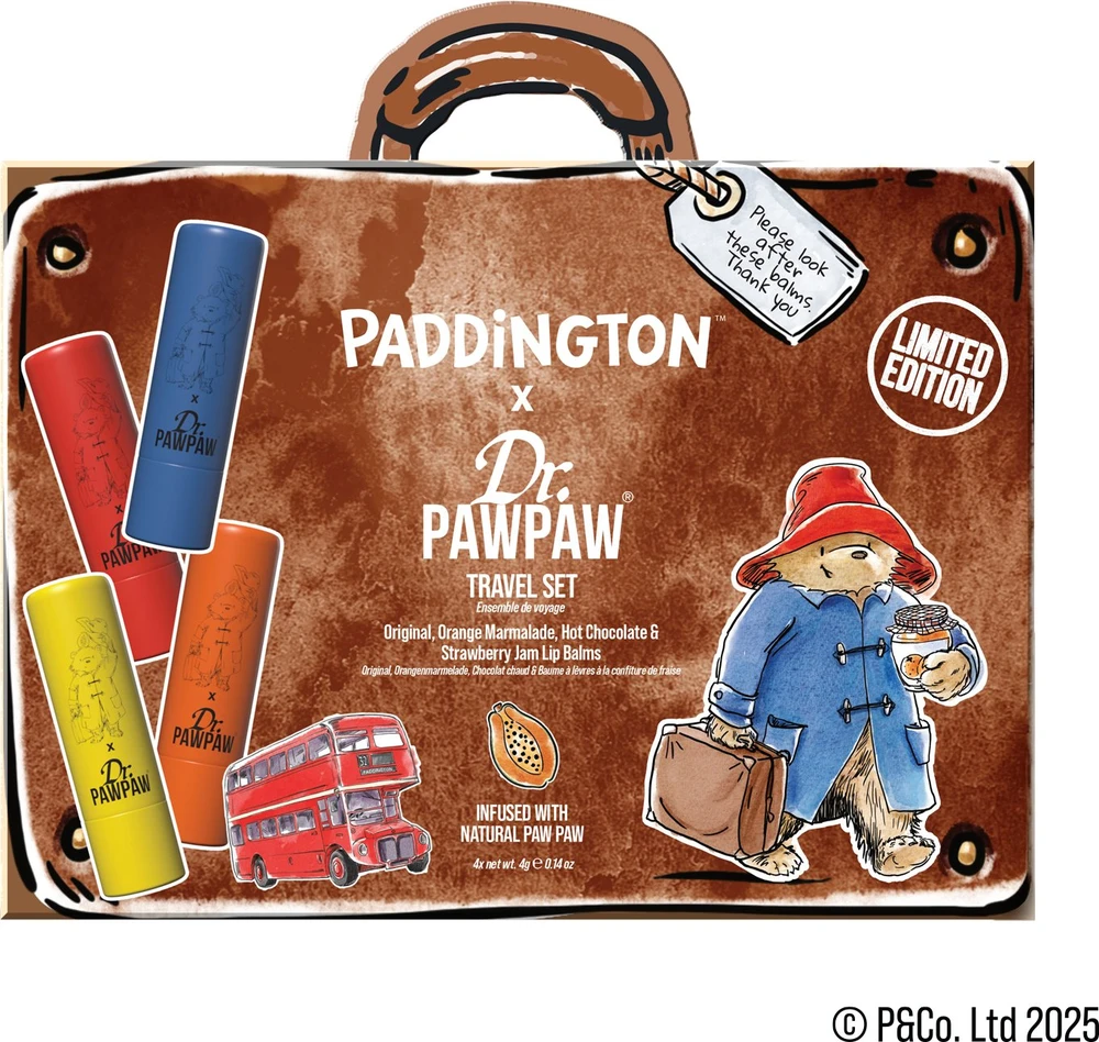 Set Dr. PawPaw: Paddington Oranžinis Marmalade Hydrating Lūpų balzamas, 4 g + Paddington Bear Original Balm Vegan Lūpų balzamas, 4 g + Strawberry Jam Hydrating Lūpų balzamas, 4 g + Hot Chocolate Hydrating Lūpų balzamas, 4 g